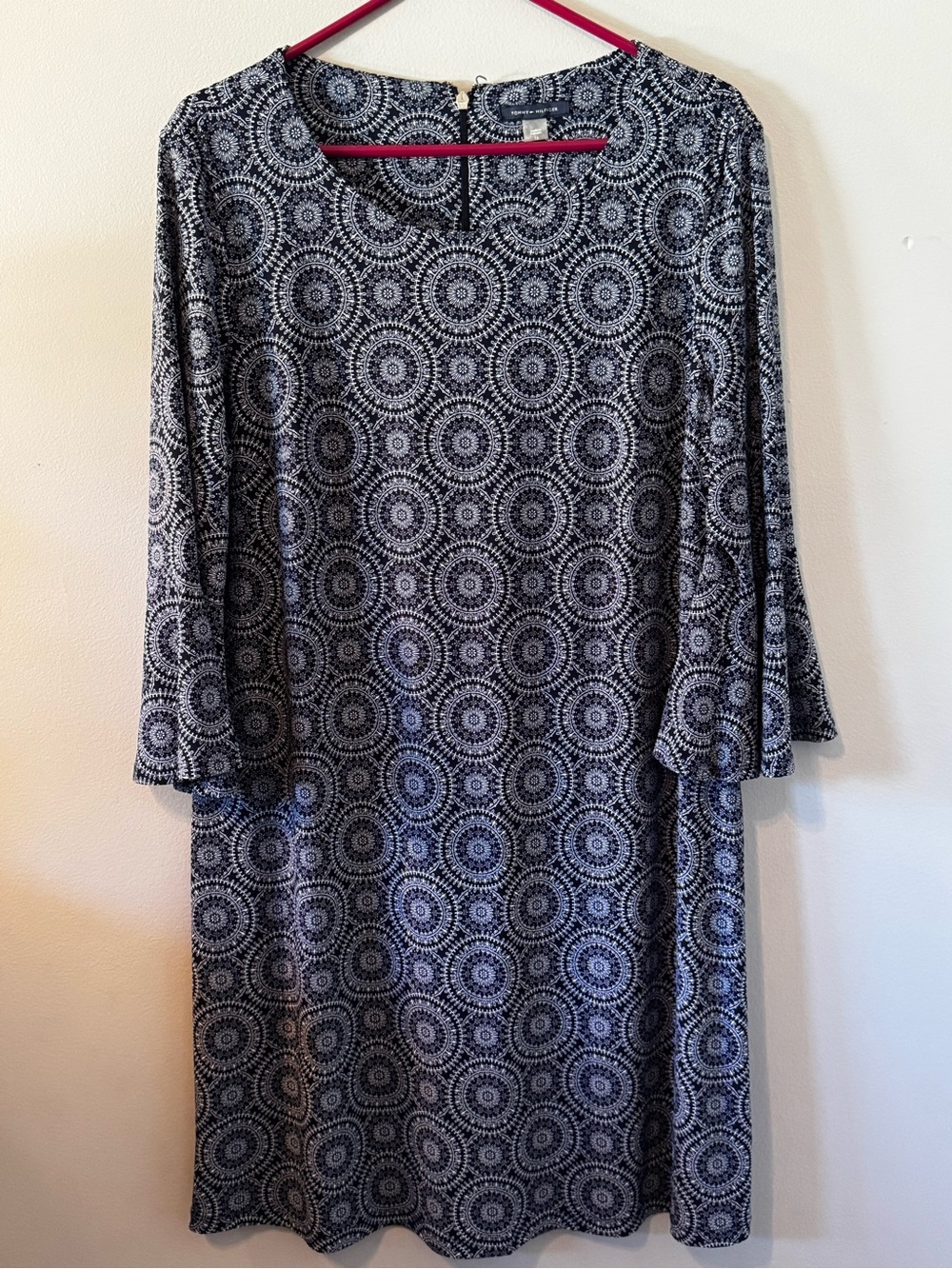 Tommy Hilfiger Navy and White Midi Shift Dress with Geometric Medallion Print